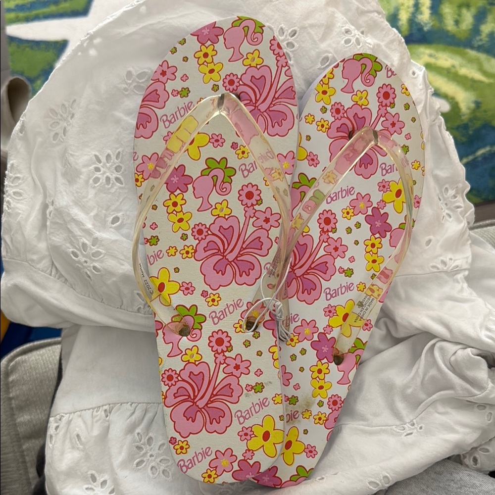 Mattel Barbie Pink and Yellow Floral Flip-Flops
